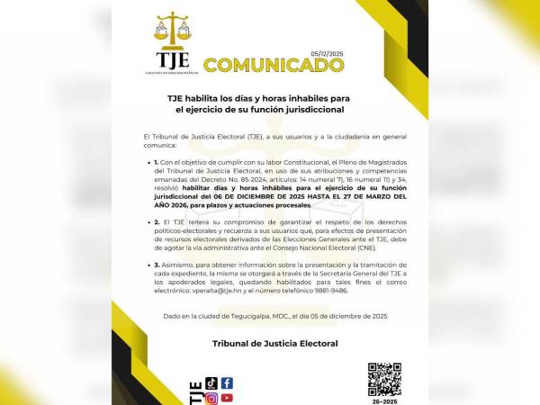 TJE estará operando en días inhábiles en el marco de las elecciones generales