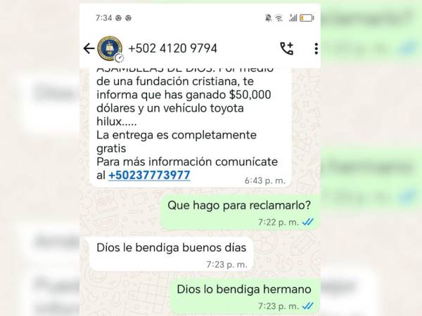 Mensaje recibido en donde pretendieron estafar con un número de Guatemala.