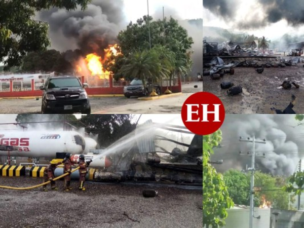 Un voraz incendio de grandes proporciones, seguido de una serie de explosiones, causó alarma este sábado en una planta de gas LPG de una compañía hondureña en la zona norte del país. Fotos: Twitter Bomberos de Honduras.