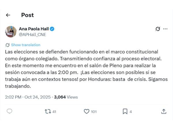 Publicación de Ana Paola Hall en X.