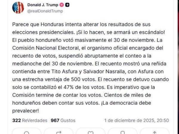 Mensaje de Donald Trump en su cuenta de Truth Social.