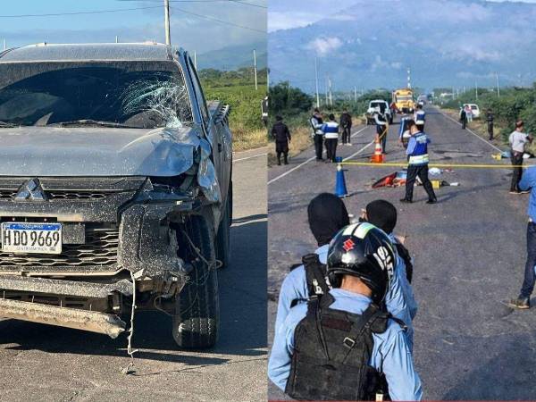 Restos de los vehículos involucrados, la presencia policial y el cierre de la vía muestran la magnitud del accidente ocurrido en Olanchito.