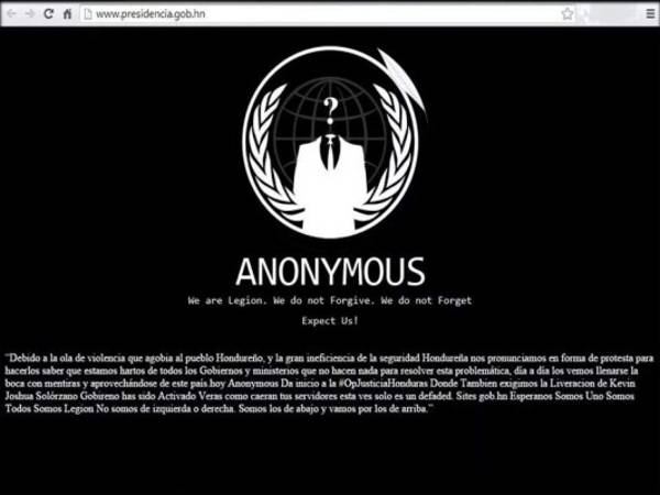 Mensaje publicado por Anonymous Honduras en la página de la Presidencia.