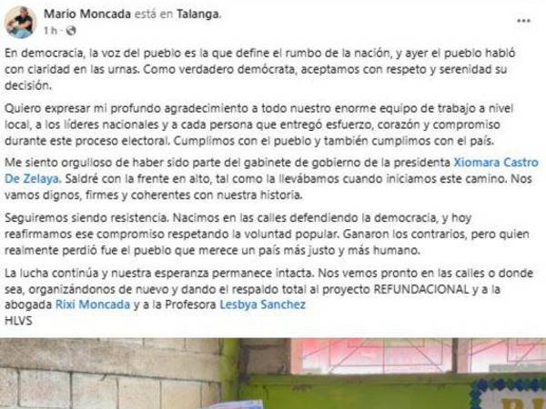 Mario Moncada reconoce derrota y dice que quien realmente perdió fue el pueblo