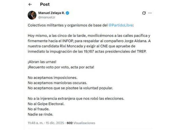 'Mel' Zelaya convoca movilizaciones de colectivos hacia el CLE, en medio de tensión electoral
