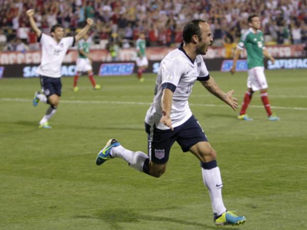 United States' Landon Donovan celebrates his goal against Mexico during the second half of a World Cup qualifying soccer match Tuesday, Sept. 10, 2013, in Columbus, Ohio. The United States defeated Mexico 2-0. (AP Photo/Jay LaPrete)