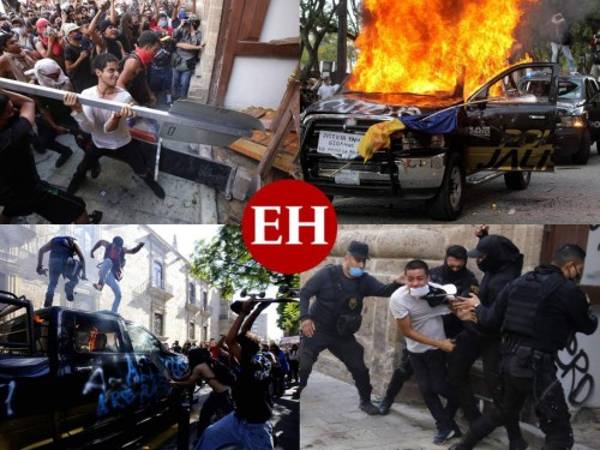 Una jornada de intensas protestas se desencadenó esta semana en Guadalajara, México, donde pobladores enardecidos exigían justicia para un joven que murió mientras permanecía bajo custodia policial, tras ser detenido por no portar mascarilla, incumpliendo las medidas preventivas vigentes por la pandemia en la ciudad. Fotos: AFP