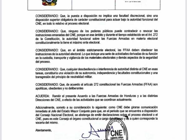 A través de un oficio, Hall reafirmó que las Fuerzas Armadas están bajo autoridad funcional del CNE en materia electoral, según la Constitución.
