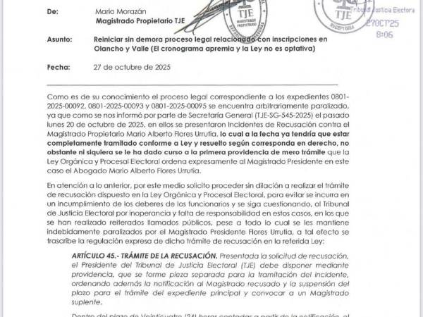 El magistrado Mario Morazán presentó una recusación en contra del presidente del TJE. Además acusó a sus compañeros de pleno de cometer varios delitos.