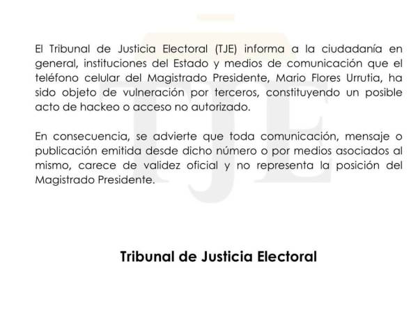 Tribunal Electoral advierte sobre intento de suplantación tras vulneración del teléfono del magistrado presidente.