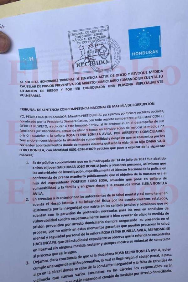Parte de la solicitud realizada por el ministro para presos políticos Pedro Amador.