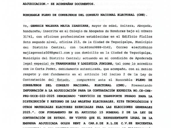 Junior H impugna adjudicación del transporte electoral otorgada a Gold Rent a Car
