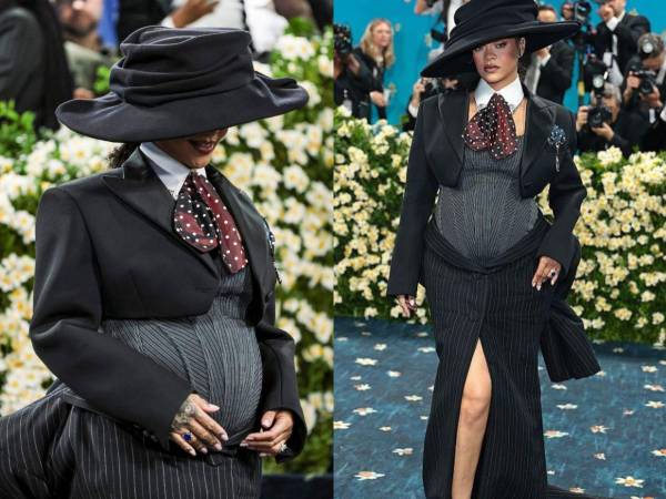 Rihanna sorprende en la Met Gala anunciando su tercer embarazo con un elegante corsé que resalta su silueta. Las imágenes del inesperado momento.​​​