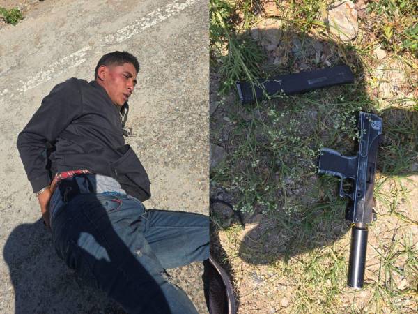 Carlos Daniel Palma Murillo, de 21 años de edad, Calolo, al caer al pavimento, tras el asedio de la Policía. El arma decomisada que portaba el detenido.