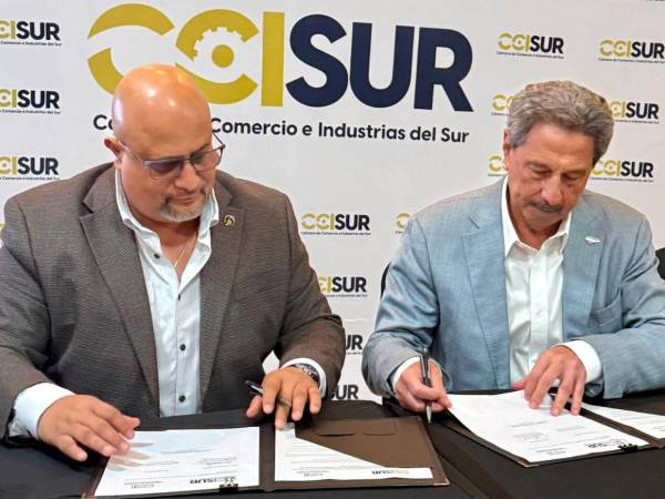 Juan Carlos Javier Medina, presidente de la Cámara de Comercio e Industrias del Sur y Epaminondas Marinakys, ministro del Consejo Nacional de Inversiones (CNI), firmaron el convenio de cooperación.