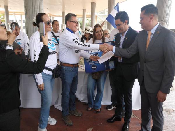 Ondeando banderas de Honduras y con pancartas se entregó esta denuncia a diputados del CN.