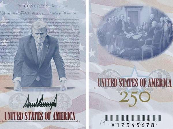 En el interior del documento aparece una ilustración de Trump de pie, con gesto serio, ligeramente inclinado hacia adelante y apoyando ambos puños sobre una mesa.