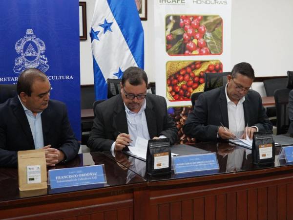 El ministro de la Secretaría de Agricultura y Ganadería (SAG) y representantes del Instituto Hondureño del Café (IHCAFE) firmaron el acuerdo de cooperación para fortalecer la caficultura en el país.
