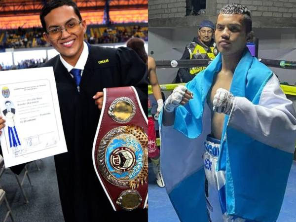 Gerardo “Chocolate” Sánchez posa con el cinturón de campeón Latino de la OMB durante la ceremonia en la que recibió su título como licenciado en Periodismo.