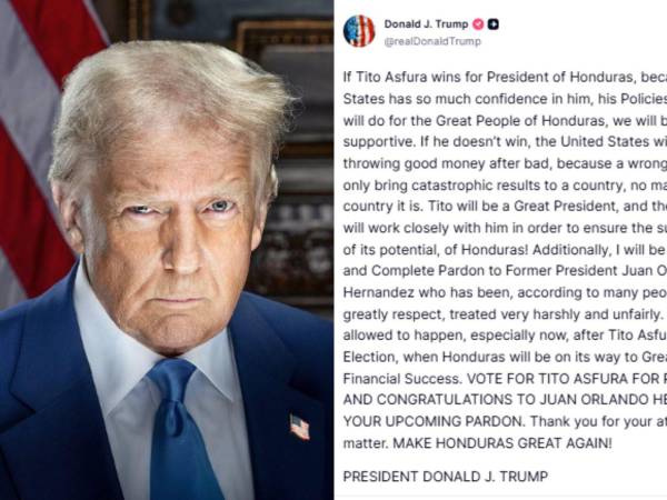 Este viernes 28 de noviembre, Donald Trump publicó el segundo mensaje en esta semana sobre las elecciones en Honduras. En su primer post, el expresidente estadounidense mencionó a los tres candidatos presidenciales y explicó por qué, a su criterio, Tito Asfura es “el mejor y más confiable” para liderar el país. Ahora, en un nuevo texto difundido en Truth Social, Trump vuelve a intervenir en la política hondureña con declaraciones aún más contundentes.