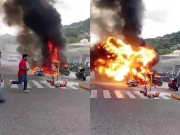 Incendio en parqueo de centro comercial deja cuatro guardias con quemaduras y siete motocicletas afectadas.