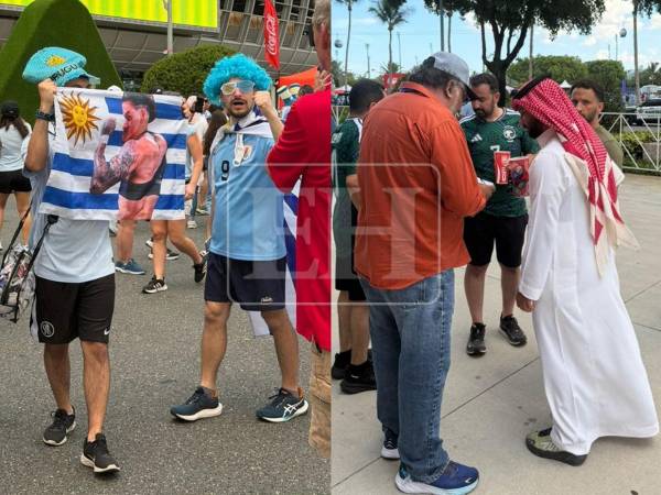 Aficionados uruguayos llenan de color celeste los alrededores del Hard Rock Stadium antes del duelo ante Arabia Saudita.