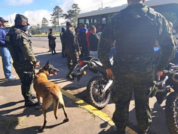 Elementos de las Fuerzas Armadas de Honduras hacen los registros de rigor a los pasajeros de un bus interurbano.