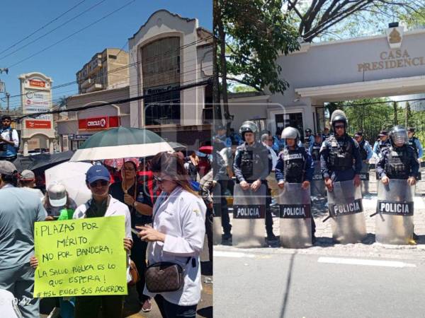 Bajo un fuerte resguardo de la Policía Nacional (PN), un numeroso grupo de médicos se concentró este miércoles -15 de abril- en las afueras de Casa Presidencial para exigir el respeto a sus derechos laborales.