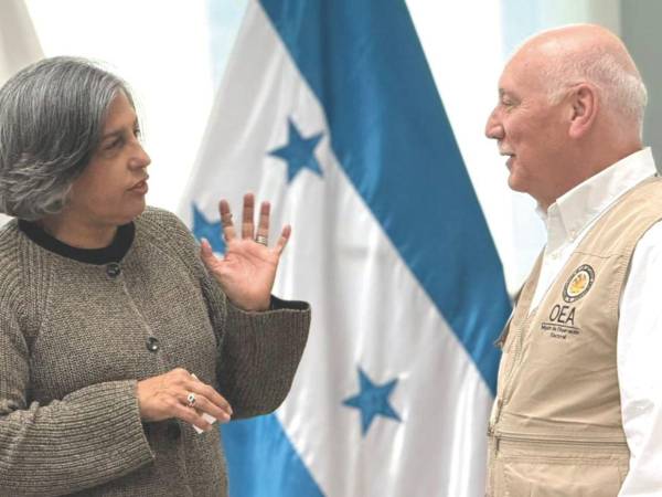 La presidenta del Cohep, Anabel Gallardo y el jefe de la Misión de Observación Electoral de la OEA, Eladio Lozaida, durante el encuentro en Tegucigalpa.