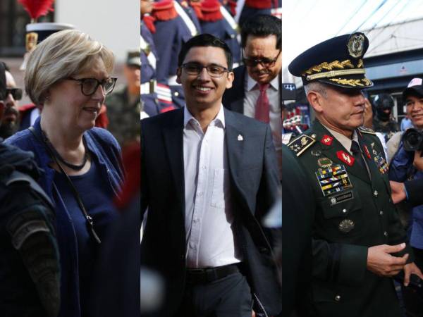 La embajadora de Estados Unidos en Honduras, Laura Dogu; el director de la Administración Aduanera de Honduras, Fausto Cálix y el jefe del Estado Mayor Conjunto, Roosevelt Hernández.