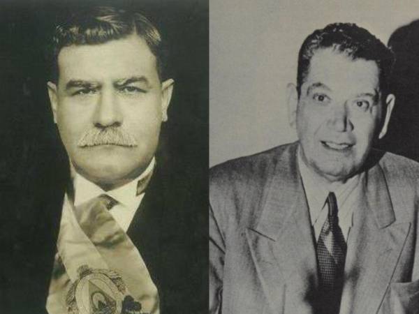 Durante los mandatos militares se realizaron las últimas juramentaciones presidenciales en el Congreso Nacional, como ocurrió con Tiburcio Carías Andino (izquierda), quien entregó el poder en 1949 a Juan Manuel Gálvez (derecha) tras un extenso período en la presidencia.