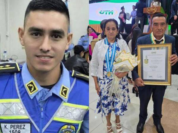 Los padres del inspector Kevin Pérez Vargas recibieron este jueves su título universitario en la Universidad Tecnológica de Honduras (UTH), durante un homenaje marcado por la emoción y el reconocimiento a su servicio.