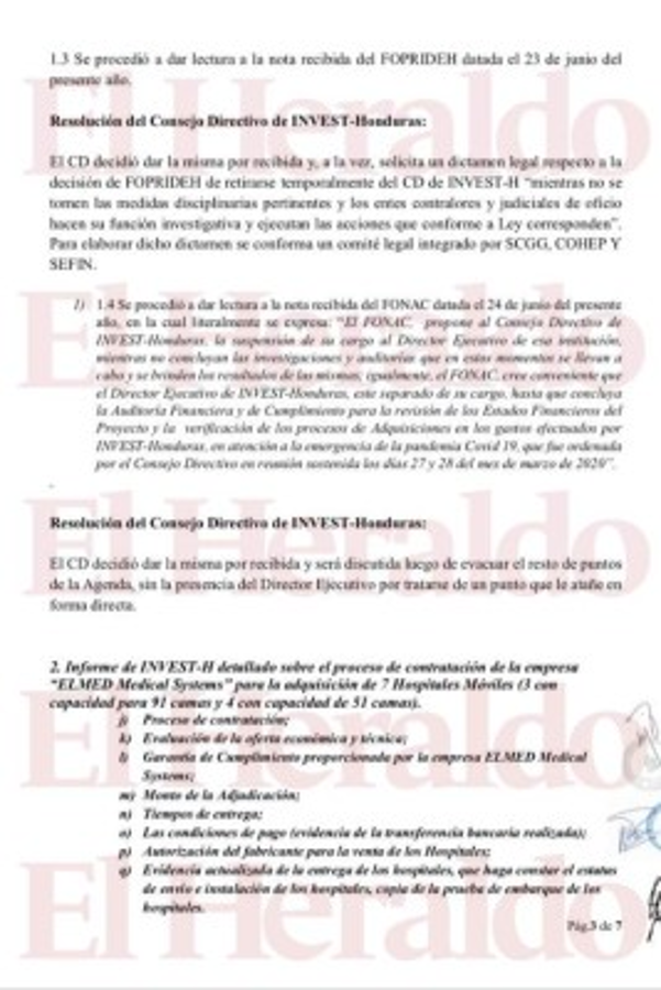 ¿Qué detalla el acta donde el Consejo Directivo de Invest-H recomendó la destitución de Marco Bográn?