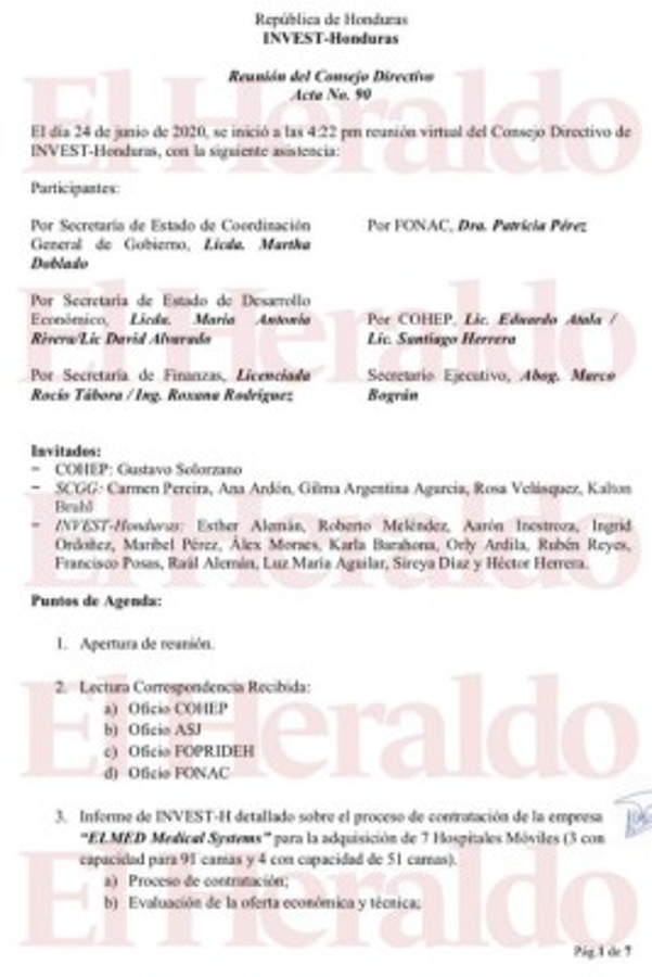 ¿Qué detalla el acta donde el Consejo Directivo de Invest-H recomendó la destitución de Marco Bográn?
