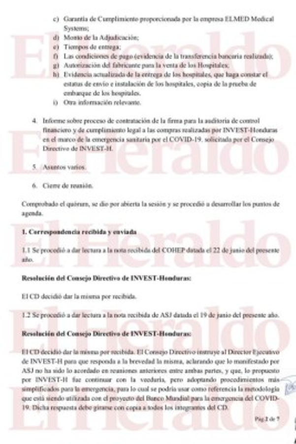 ¿Qué detalla el acta donde el Consejo Directivo de Invest-H recomendó la destitución de Marco Bográn?