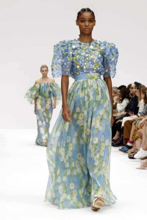 The Carolina Herrera collection is modeled during Fashion Week, in New York, Monday, Sept. 9, 2019. (AP Photo/Richard Drew)