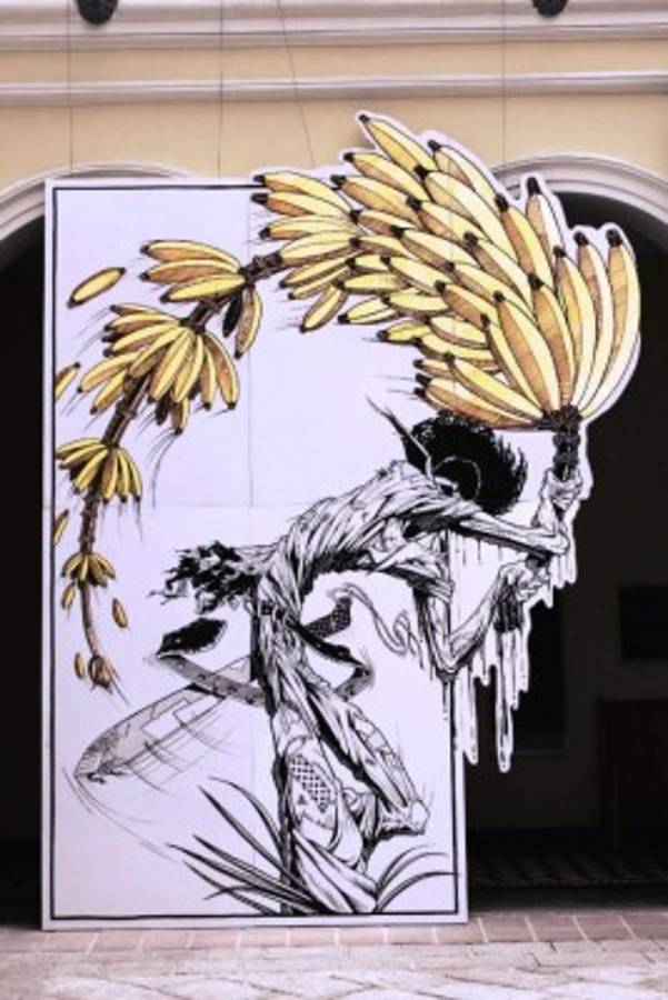 “Descarga”. El superhéroe de esta obra es el obrero bananero que busca liberarse de la explotación. El gesto plástico evidencia una rabia histórica estallando en cada trazo.