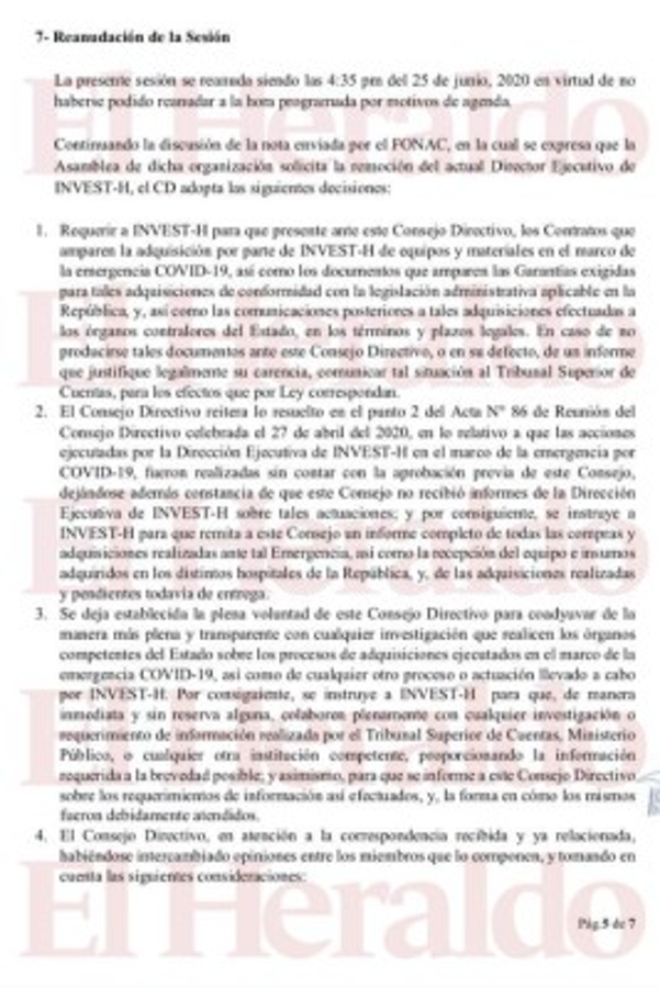 ¿Qué detalla el acta donde el Consejo Directivo de Invest-H recomendó la destitución de Marco Bográn?