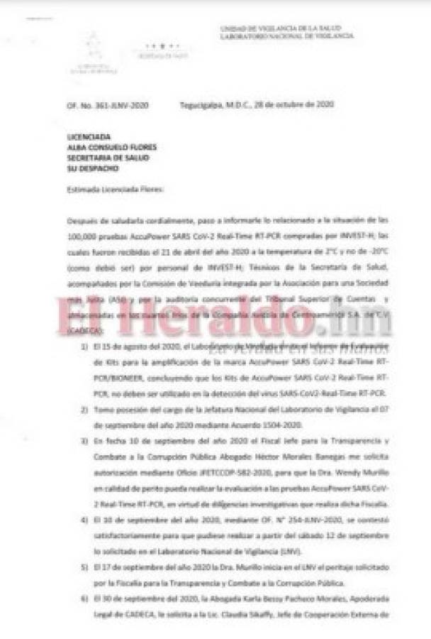 Oficio mediante el cual se la informa a la ministra de Salud sobre todo lo que ha ocurrido con las 100,000 pruebas PCR que Invest-H le entregó a la Secretaría de Salud.