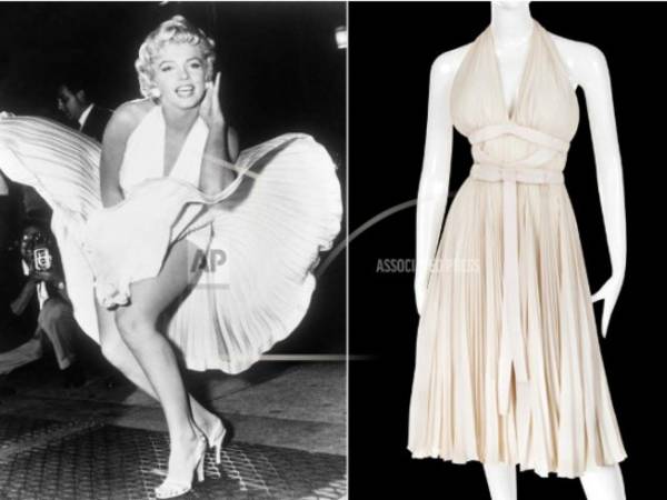 Esta fotografía muestra a la actriz Marilyn Monroe que posa sobre una rejilla del metro de Nueva York durante el rodaje de “The Seven Year Itch', a la izquierda, y el vestido, a la derecha, que utilizó en aquella ocasión. El vestido es uno de varios objetos de la artista que serán subastados en octubre de 2018.