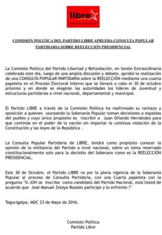 Libre modificará consulta popular y Xiomara Castro será la candidata presidencial