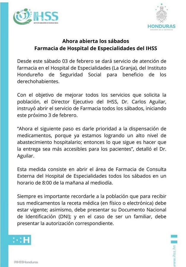 Farmacia del IHSS de La Granja ahora atenderá también los sábados