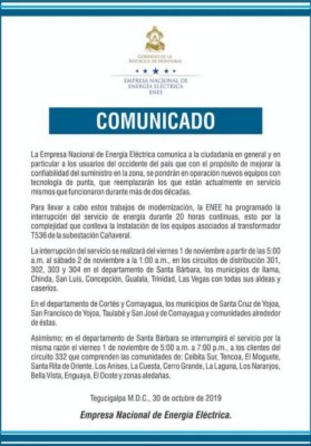ENEE: Varios municipios de Honduras quedarán sin electricidad 20 horas
