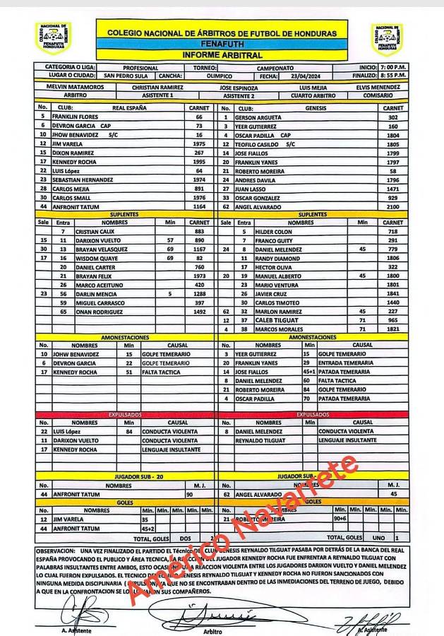 Acta arbitral del Real España-Génesis y los expulsados que no todos miraron