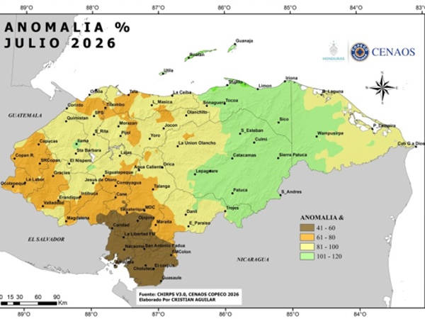 Este mapa muestra la comparación de lluvias proyectadas con lo que debería llover. En café están las regiones con mayor déficit.