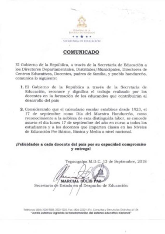 Otorgan feriado este lunes 17 de septiembre a maestros de Honduras