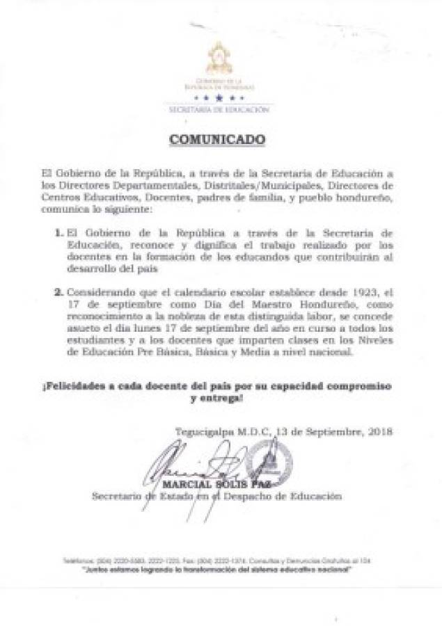 Otorgan feriado este lunes 17 de septiembre a maestros de Honduras