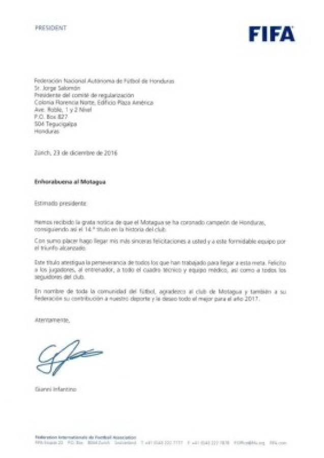 La carta enviada a Fenafuth por parte de Infantino para ser entregada a Motagua.