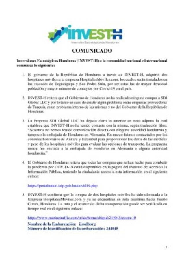 Comunicado Invest-H sobre compra de dos hospitales móviles en Turquía