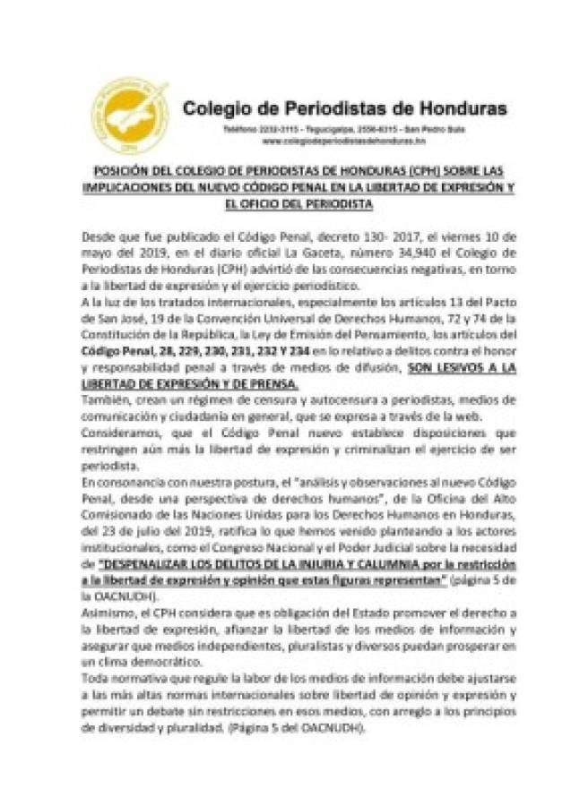 Posición del Colegio de Periodista de Honduras (CPH) sobre Nuevo Código Penal